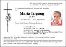 Traueranzeige Irrgang Maria