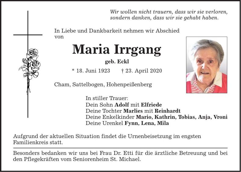 Traueranzeige Irrgang Maria