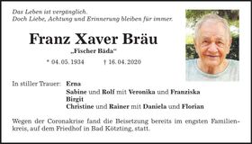 Traueranzeige Franz-Xaver Bräu