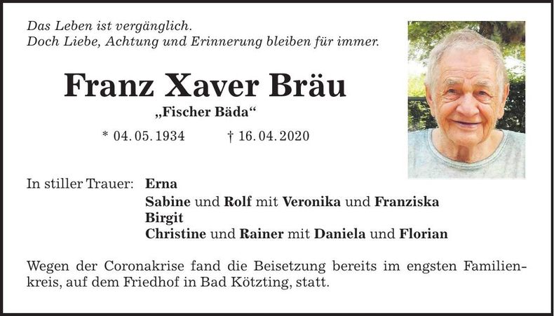 Traueranzeige Franz-Xaver Bräu
