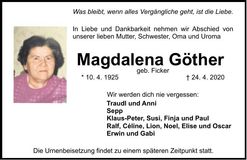 Traueranzeige Magdalena Göther