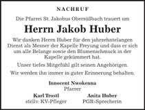 Traueranzeige Jakob Huber