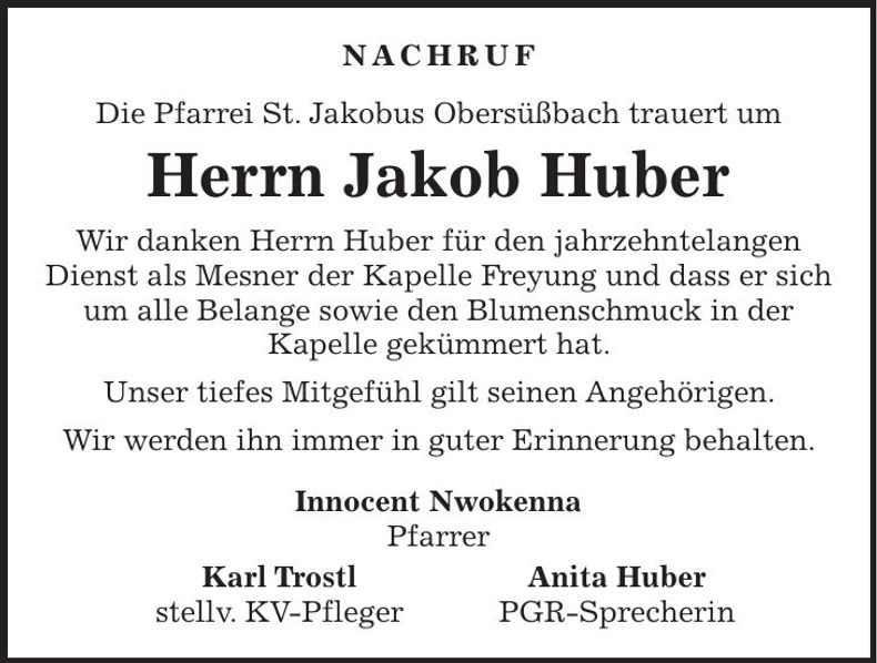 Traueranzeige Jakob Huber