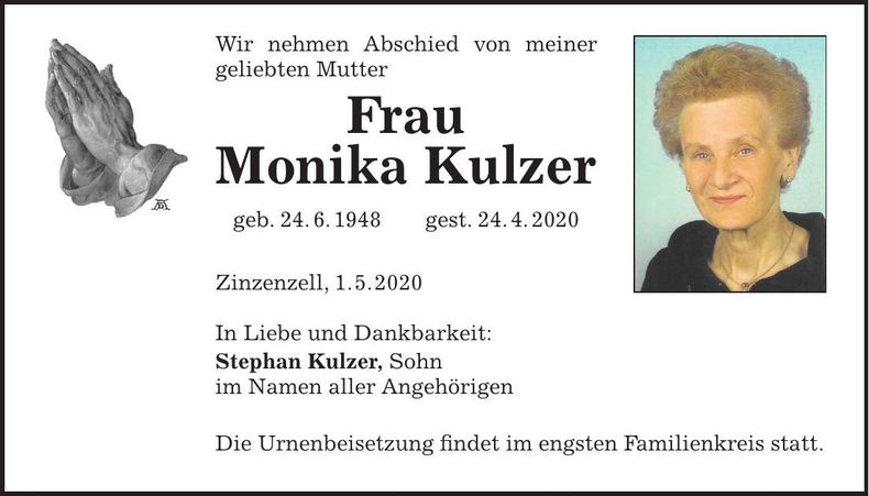 Traueranzeige Monika Kulzer