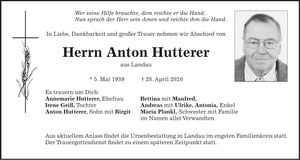 Traueranzeige Anton Hutterer