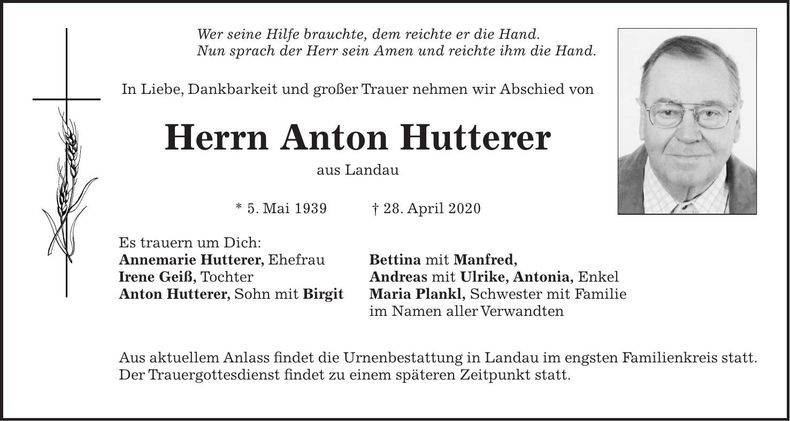 Traueranzeige Anton Hutterer