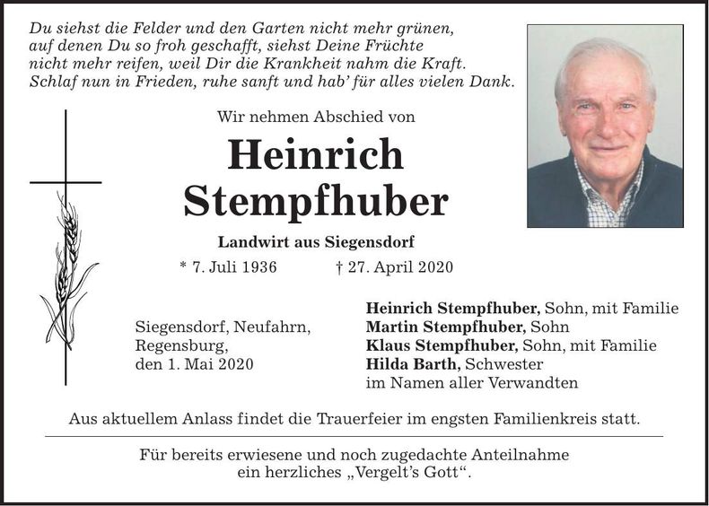Traueranzeige Heinrich Stempfhuber