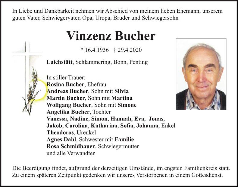 Traueranzeige Vinzenz Bucher