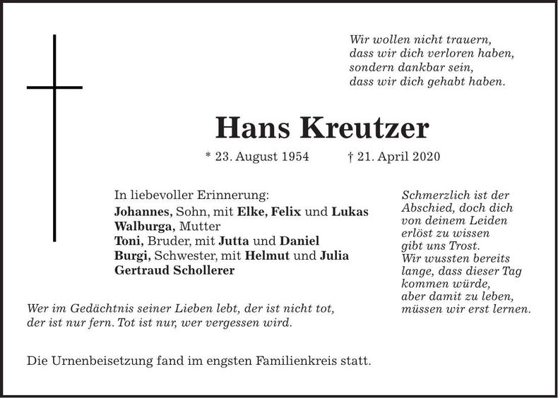 Traueranzeige Hans Kreutzer