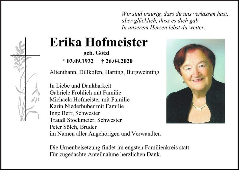 Traueranzeige Erika Hofmeister
