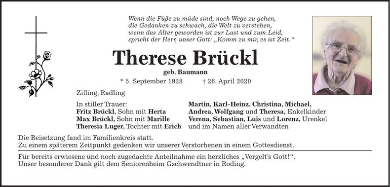 Traueranzeige Therese Brückl