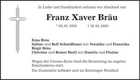 Traueranzeige Franz Xaver Bräu