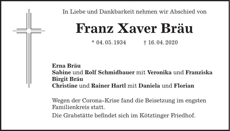 Traueranzeige Franz Xaver Bräu
