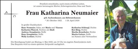 Traueranzeige Katharina Neumaier