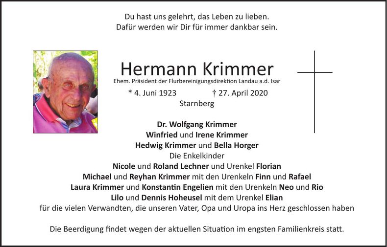 Traueranzeige Hermann Krimmer