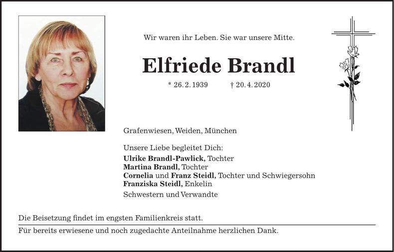 Traueranzeige Elfriede Brandl