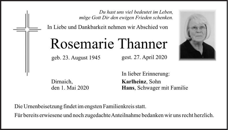 Traueranzeige Rosemarie Thanner