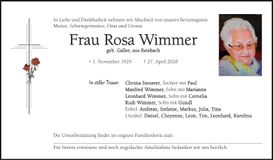 Traueranzeige Rosa Wimmer