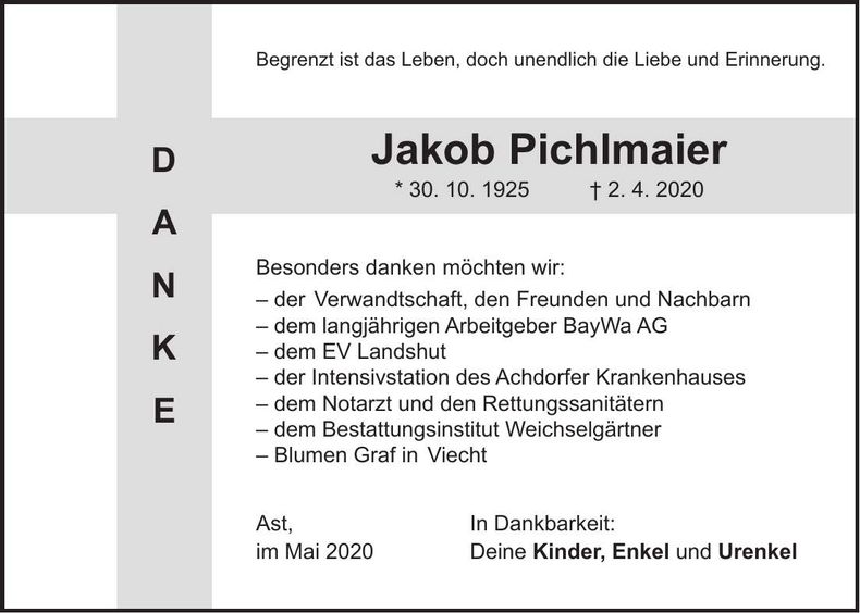 Traueranzeige Jakob Pichlmaier
