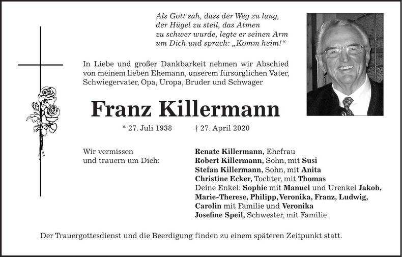 Traueranzeige Franz Killermann