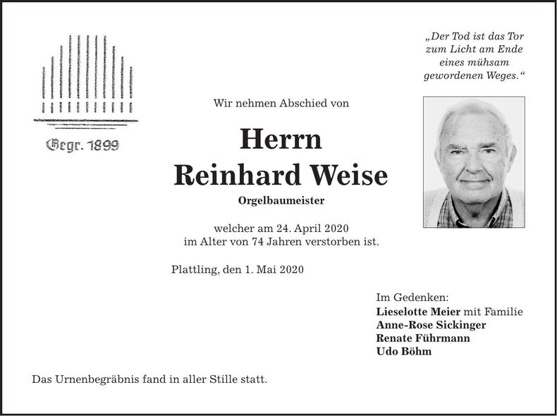 Traueranzeige Reinhard Weise