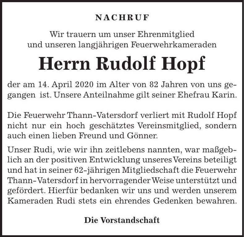 Traueranzeige Rudi Hopf