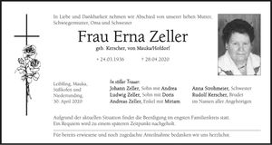 Traueranzeige Erna Zeller