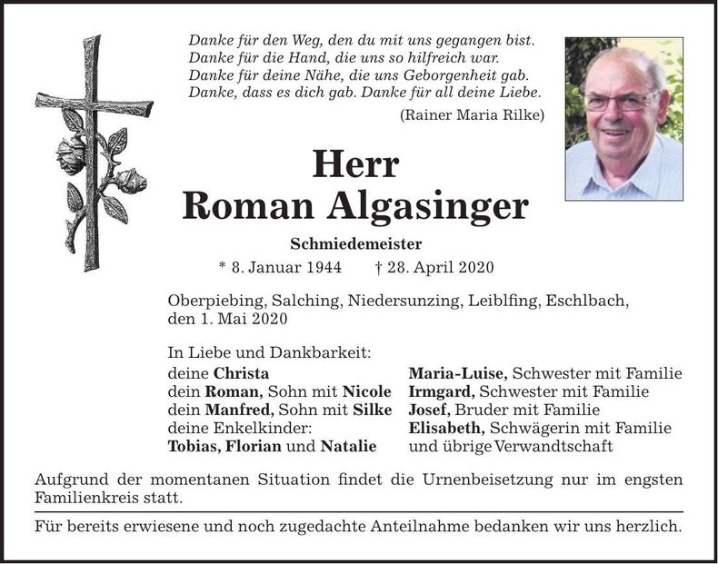 Traueranzeige Roman Algasinger