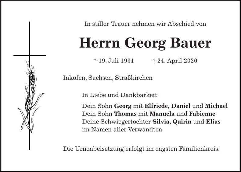 Traueranzeige Georg Bauer