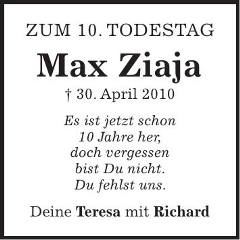 Traueranzeige Max Ziaja