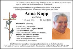 Traueranzeige Anna Kopp