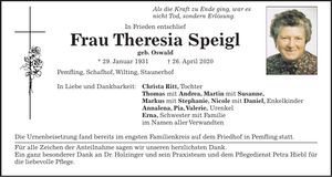 Traueranzeige Theresia Speigl
