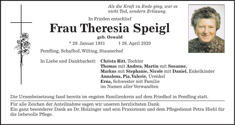 Traueranzeige Theresia Speigl