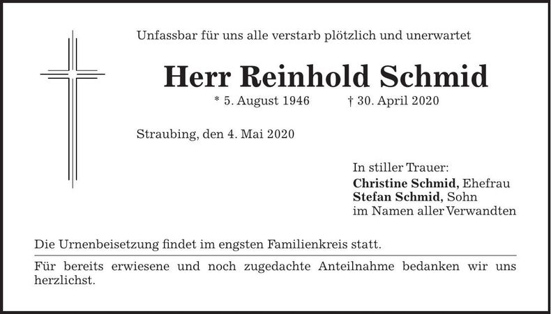 Traueranzeige Reinhold Schmid