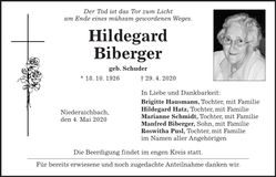 Traueranzeige Hildegard Biberger