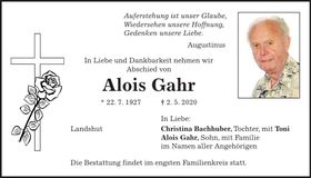 Traueranzeige Alois Gahr