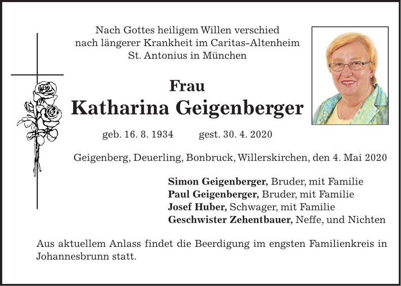 Traueranzeige Katharina Geigenberger