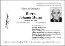 Traueranzeige Johann Hurm