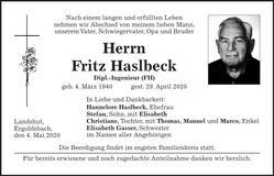 Traueranzeige Fritz Haslbeck