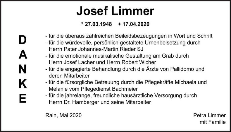 Traueranzeige Josef Limmer