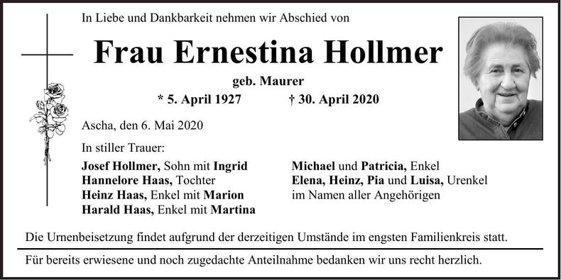 Traueranzeige Ernestina Hollmer