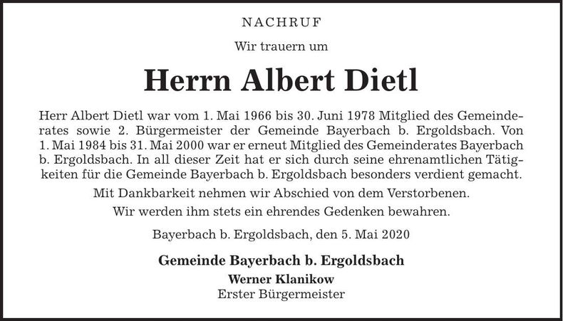 Traueranzeige Albert Dietl