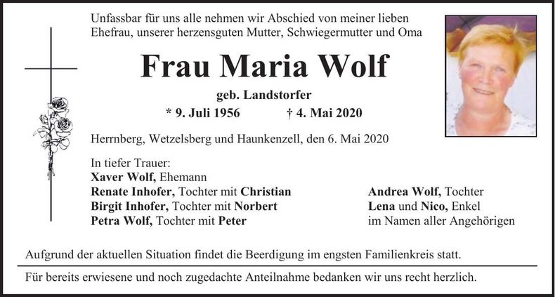 Traueranzeige Maria Wolf
