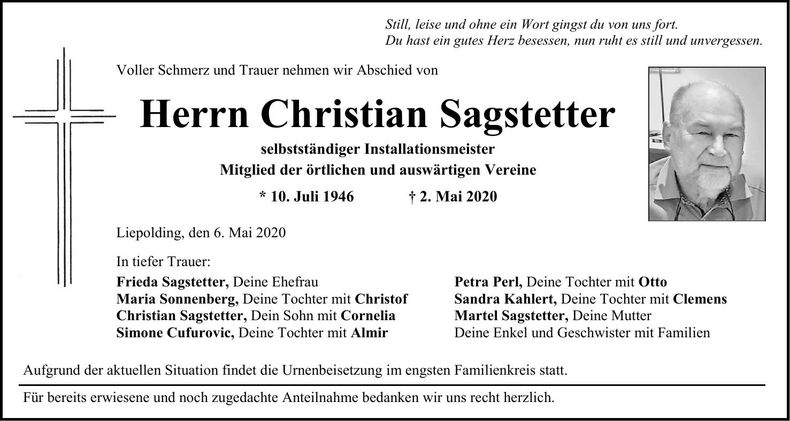 Traueranzeige Christian Sagstetter