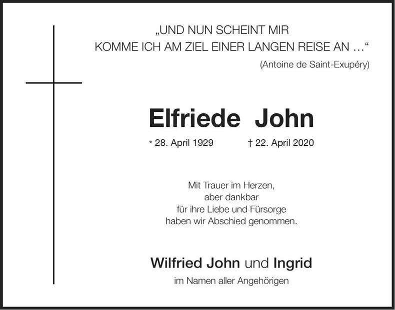 Traueranzeige Elfriede John