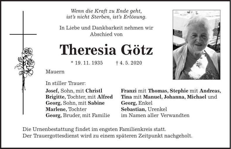 Traueranzeige Theresia Götz