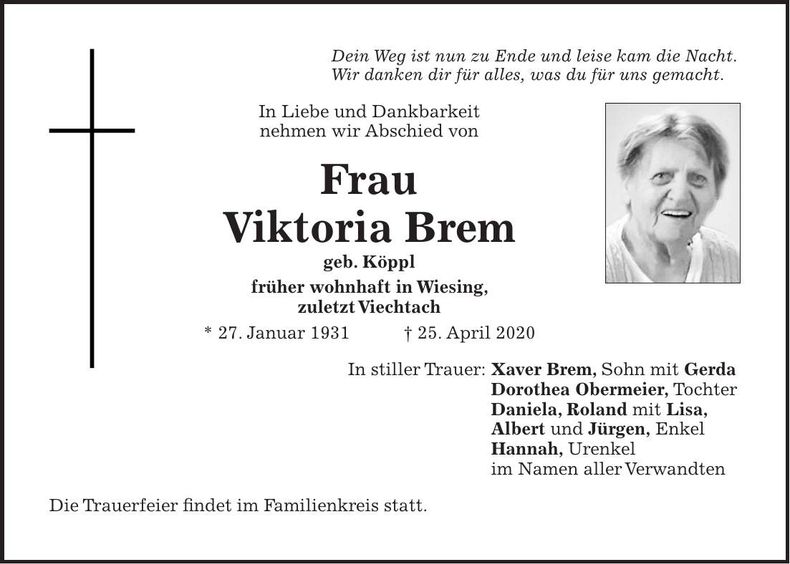 Traueranzeige Brem Viktoria