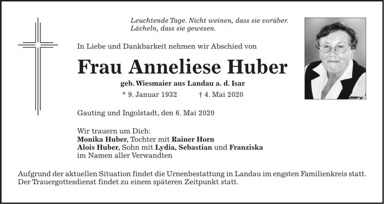 Traueranzeige Anneliese Huber