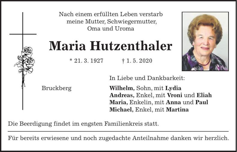 Traueranzeige Maria Hutzenthaler