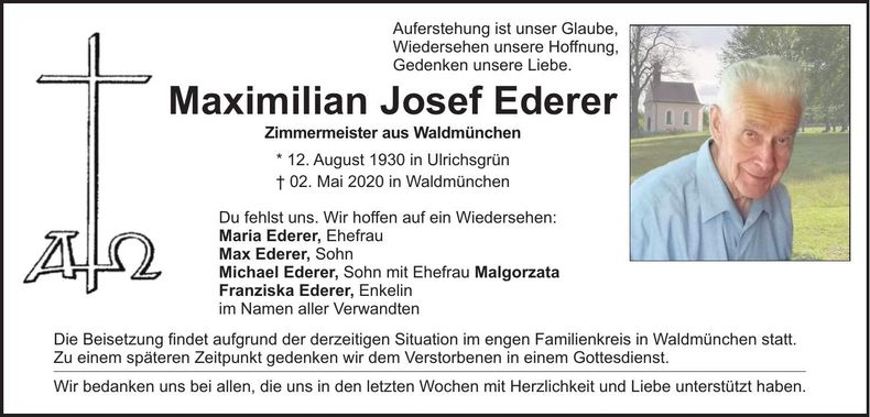 Traueranzeige Josef Ederer